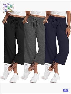 3 Pack Capri Pants Yoga Cropped Pants Elastic Waist Wide Leg Lounge Sweatpants